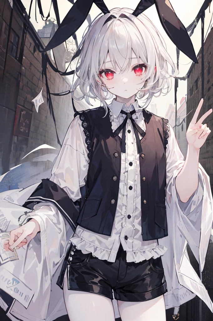 masterpiece, Highest quality, High resolution, One boy, Cream colored hair, Gray Hair, Pearly hair, Nice boy, Bunny ears, Loose-fitting clothing, Larger clothes, dark red eye, eyeの下のたるみ, dark circles under eye, やみcute, Fluffy hair, Voluminous Hair, skinny, slim, very skinny, Androgynous, cute, Spooky, short hair, Horror, Faded colors, White skin, Spooky, Unnaturally thin, Hungry, eye, eye in background, sharp eye, Long eyelashes, Under the lashes, Loose shorts, lace shirt, Frilled shirt, tie a ribbon around one&#39;s neck, Detailed clothing, A loose cardigan, Open cardigan, Dripping Blood, That&#39;s horrible, nightmare, Haunted, stitch, patchwork, String, Injury, hell, Injury on arms, self-harm, cut, Black Fingers, factory, Abandoned, Scattered,Ghost,Many Heads,Many heads,Lots of faces,Multiple faces,Multiple Girls,Frolicking Girl,Multiple women,tea ,Crazy Smile,Look up,Face shot,Scythe Face,Girl Monster, slave,beautiful, Detailed portrait, Delicate facial features, 鋭いeye, Sharp Fangs, 青White skin, Thick chain, Dark Background, Cinema Lighting, Dramatic Shadows, Gothic style, Gloomy atmosphere, Dark fantasy, One Girl, , Please open your mouth wide, Open your mouth and baring your teeth,Sharp teeth like a beast, Wide lips, very wide mouth, Vermilion cheeks, ,(Blood splatter:1.6),Scary face, Laughter　Witch design, Twisted smile、Bloodstained、bleeding from the head,,、Blood splatter、,(Blood splatter:1.6),Crossbones, skull,　, Horrorスタイル, ((Fantasy Witch Costume)), ((Flowing white hair)), ,(Blood splatter:1.6),Female curves, Large Breasts, Thick thighs, Sexy flat stomach, Perfect hands, Perfect anime face, ((dark lolita dress)), Are standing, ((Wicked Smile)), ,(Blood splatter:1.6),Victorian cities, gaslight, Steam circulates, Moonlight Illumination, night lighting, A sky filled with stars and galaxies,disaster々new devil horns,,(Blood splatter:1.6),アニメゾンビWitch design, Twisted smile、Bloodstained、bleeding from the head,,、Blood splatter、,(Blood splatter:1.6),Crossbones, skull,,Photo Background,Wide Shot,Scythe Face,Girl Monster, slave,beautiful, Detailed portrait, Delicate facial features, 鋭いeye, Sharp Fangs, 青White skin, Thick chain, Dark Background, Cinema Lighting, Dramatic Shadows, Gothic style, Gloomy atmosphere, Dark fantasy, One Girl, , Please open your mouth wide, Open your mouth and baring your teeth,Sharp teeth like a beast, Wide lips, very wide mouth, Vermilion cheeks, ,(Blood splatter:1.6),Scary face, Laughter　Witch design, Twisted smile、Bloodstained、bleeding from the head,,、Blood splatter、,(Blood splatter:1.6),Crossbones, skull,　, Horrorスタイル,