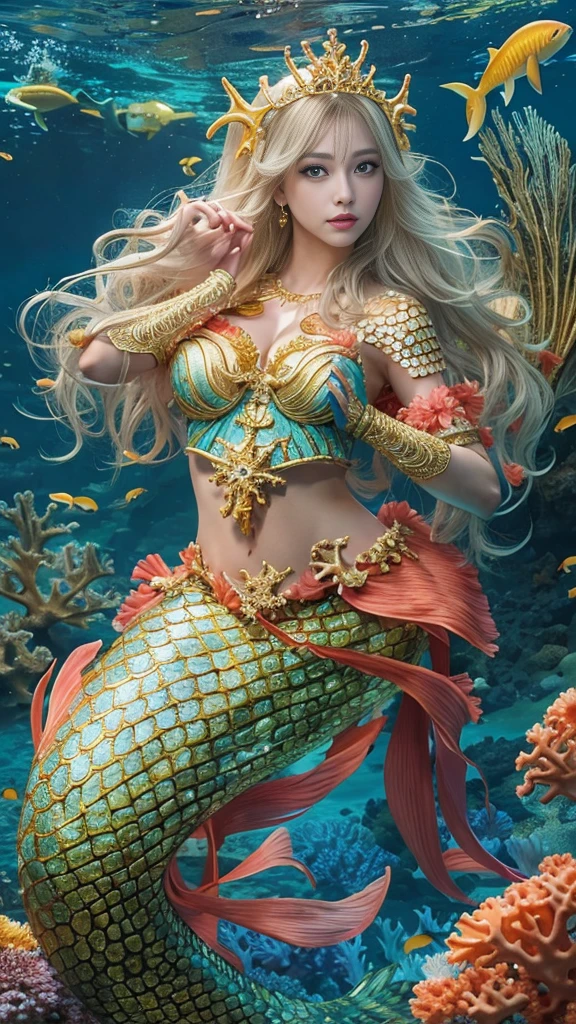 (((In the beautiful coral reef))), ((mermaid)), Masterpiece、Highest quality、8k 、Realistic,Highly detailed face、Highly detailed eyes、Highly detailed lips、(Cute Face),、Golden breastplate, Big Tits 1.6、Tight waist, Blonde、blue eyes, ((Detailed depiction of the golden scales below the navel)), ((Swim gracefully in the sea)), Holds a golden trident in his right hand, Place a golden tiara on your head, Wear a gold bracelet on your left wrist, Dynamic composition, ((Texture in the water))