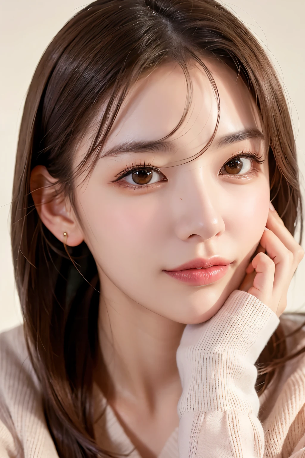 ((Highest quality)), ((masterpiece)), (detailed), One girl, Create a high-quality portrait of a young Asian woman。Her hair is long and straight、In dark brown、A little bit messy and natural、Make sure your bangs frame your face。Her skin is brighter、With natural make-up、Subtle eyeliner and mascara、And it's accentuated with a light pink lip color.。
The woman is wearing a simple white long-sleeved sweater.、The background is a simple white wall.、Focus on her face。The overall lighting is soft and uniform.、Highlight her features but avoid harsh shadows。
Her facial expression is neutral to slightly positive.、With lips closed、Look slightly towards the camera。The overall atmosphere is calm and quiet.、Capture the natural beauty and simplicity of your subject。
