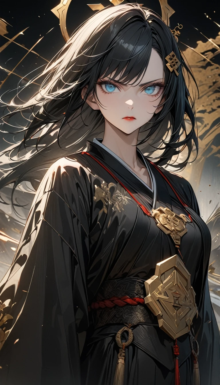 adult woman, long black hair, turquoise eyes, Daosist hairpin, black hanfu, wide neckline, open breasts, red lipstick, Dao, golden elements, serious, Masterpiece, best quality, Full HD, 8k, ultra details, great graphic