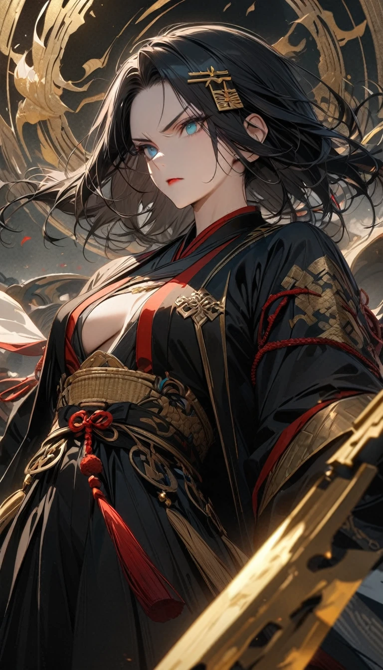 A masterpiece, very detailed, ultra detailed, one, (1 woman), a woman in Japanese closed traditional clothes of a feudal queen and with a traditional handmade fan, light golden eyes, long black straight hair and straight bangs, with huge breasts, she with black demonic horns and black dragon wings with shades of fire, against the background of the sun, fire and flame