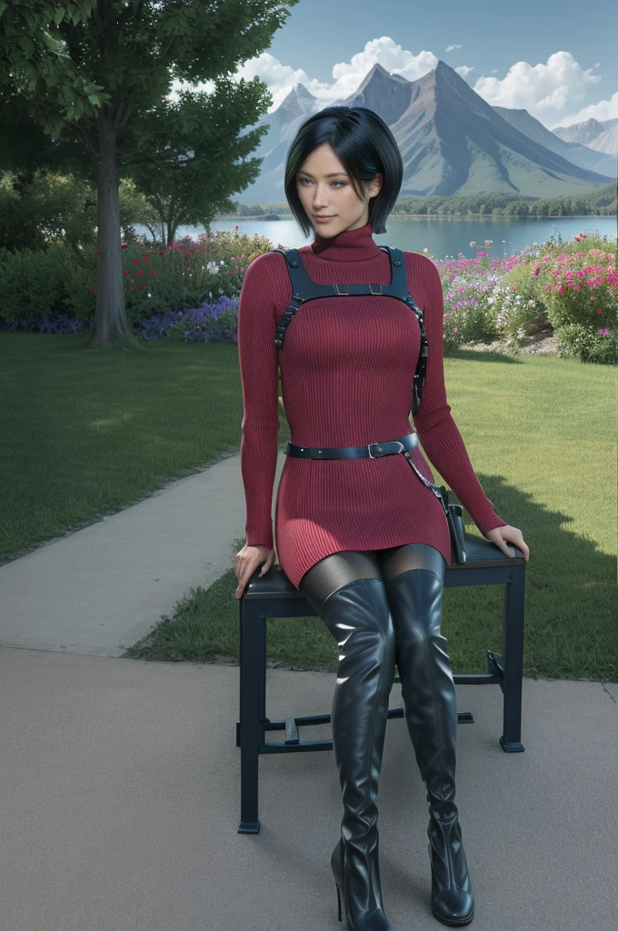 Ada_re4, (sitting),(beautiful face:1.5), 1girl,black hair, short hair, red sweater, belt, black thigh boots, ((full body)),(realistic:1.7),((best quality)),absurdres,(ultra high res),(photorealistic:1.6),photorealistic,octane render,(hyperrealistic:1.2), (photorealistic face:1.2), (8k), (4k), (Masterpiece),(realistic skin texture), (illustration, cinematic lighting,wallpaper),( beautiful eyes:1.2),((((perfect face)))),(cute),((looking at viewer)), outdoors, houses, flowers paths, mountains, lake, dock,