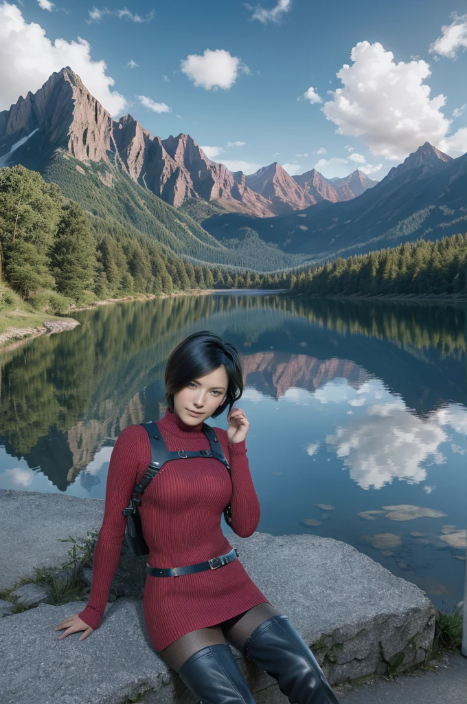 Ada_re4, (sitting),(beautiful face:1.5), 1girl,black hair, short hair, red sweater, belt, black thigh boots,  ((full body)),(realistic:1.7),((best quality)),absurdres,(ultra high res),(photorealistic:1.6),photorealistic,octane render,(hyperrealistic:1.2), (photorealistic face:1.2), (8k), (4k), (Masterpiece),(realistic skin texture), (illustration, cinematic lighting,wallpaper),( beautiful eyes:1.2),((((perfect face)))),(cute),((looking at viewer)), outdoors, houses, flowers paths, mountains, lake, dock,