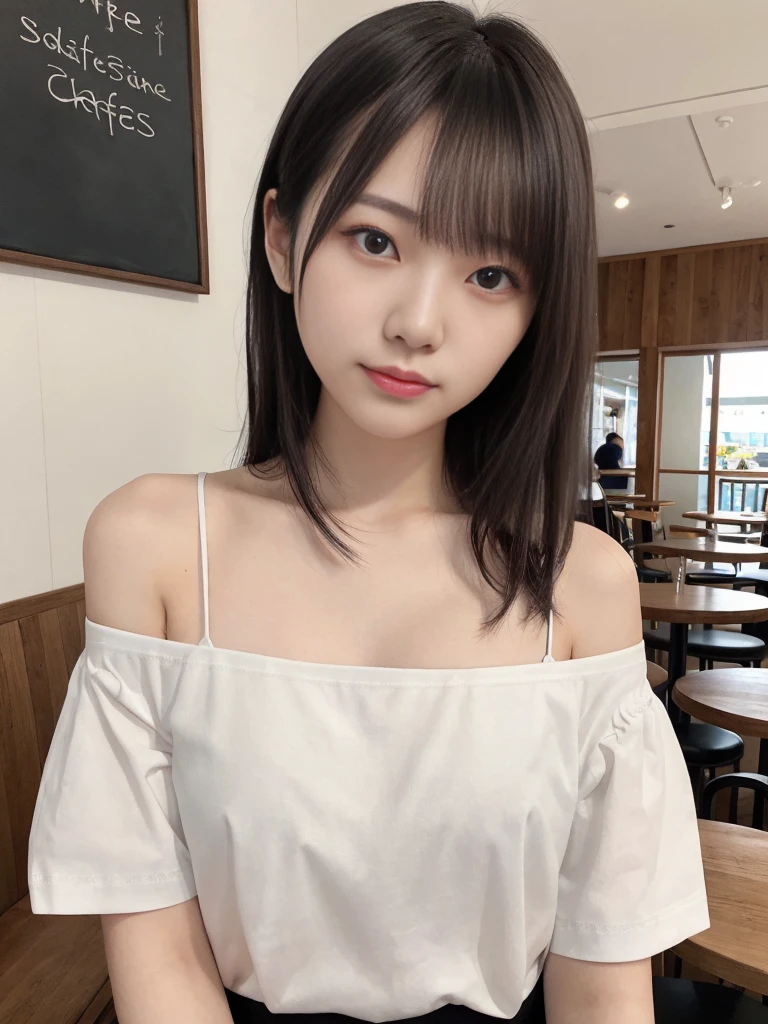 (best quality), masterpiece, photorealistic, portrait photo of a japanese woman, 20 years old, realistic skin, eye catch, medium breasts, off-shoulder t-shirt, at cafe