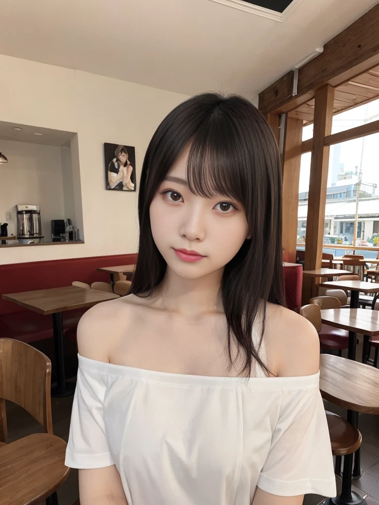 (best quality), masterpiece, photorealistic, portrait photo of a japanese woman, 20 years old, realistic skin, eye catch, medium breasts, off-shoulder t-shirt, at cafe