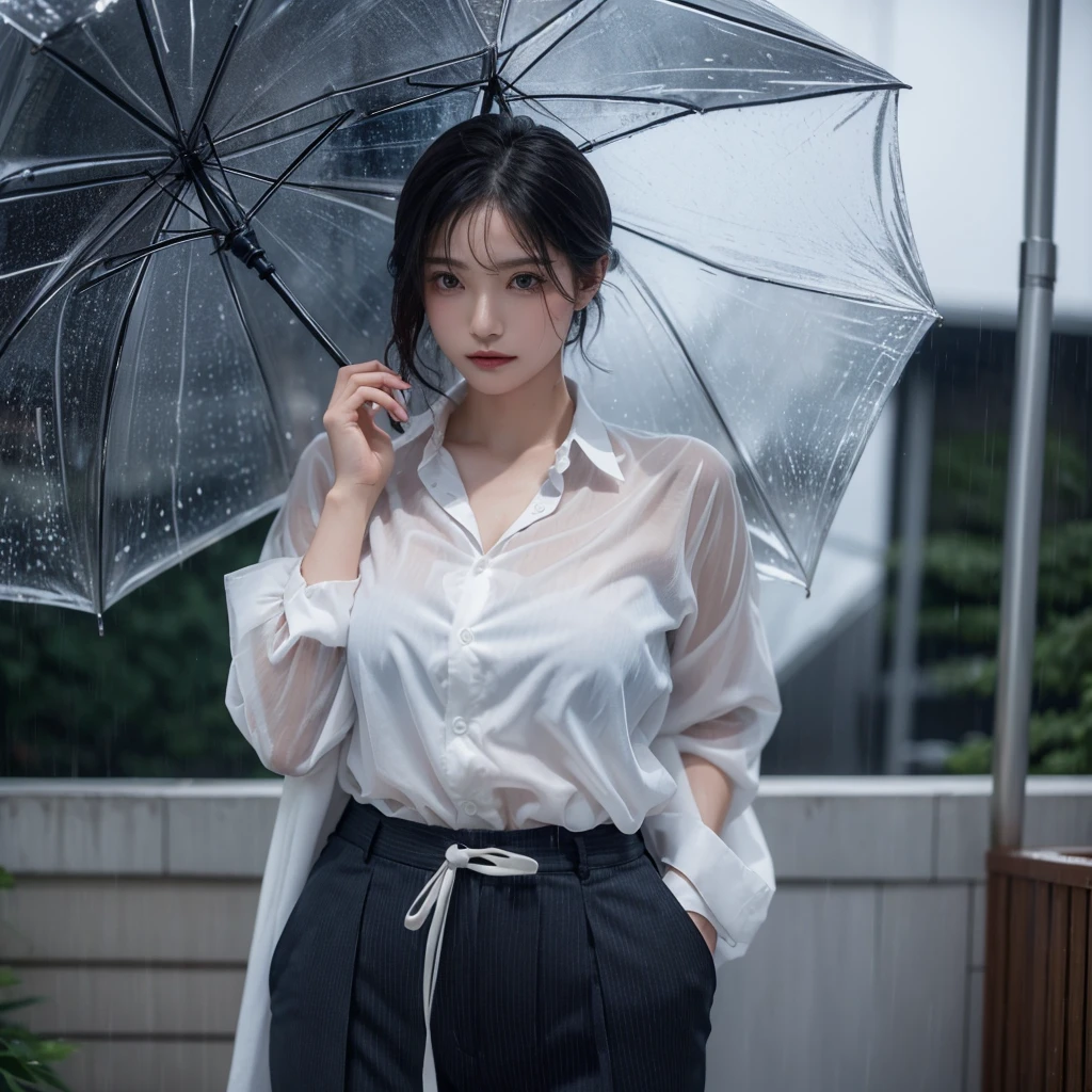 Beautiful woman getting wet in the rain、A beauty without an umbrella、typhoon、Get wet without an umbrella、Beautiful woman in the rain、雨で濡れたBeautyOL、Detailed face、Realistic、beautiful girl、Beauty、Office Lady Uniform、beauty、Beautiful woman、Narrow waist、Handsome woman、Tight pants look、suit、Sexy pose、タイトなsuitパンツ、雨で濡れたsuit、Wet shirt、See-through shirt、Shot in heavy rain、See-through underwear