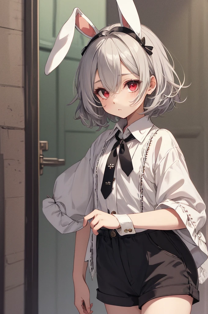 masterpiece, Highest quality, High resolution, One boy, Cream colored hair, Gray Hair, Pearly hair, Nice boy, Bunny ears, Loose-fitting clothing, Larger clothes, dark red eye, eyeの下のたるみ, dark circles under eye, やみcute, Fluffy hair, Voluminous Hair, skinny, slim, very skinny, Androgynous, cute, Spooky, short hair, Horror, Faded colors, White skin, Spooky, Unnaturally thin, Hungry, eye, eye in background, sharp eye, Long eyelashes, Under the lashes, Loose shorts, lace shirt, Frilled shirt, tie a ribbon around one's neck, Detailed clothing, A loose cardigan, Open cardigan, Dripping Blood, That's horrible, nightmare, Haunted, stitch, patchwork, String, Injury, hell, Injury on arms, self-harm, cut, Black Fingers, factory, Abandoned, Scattered