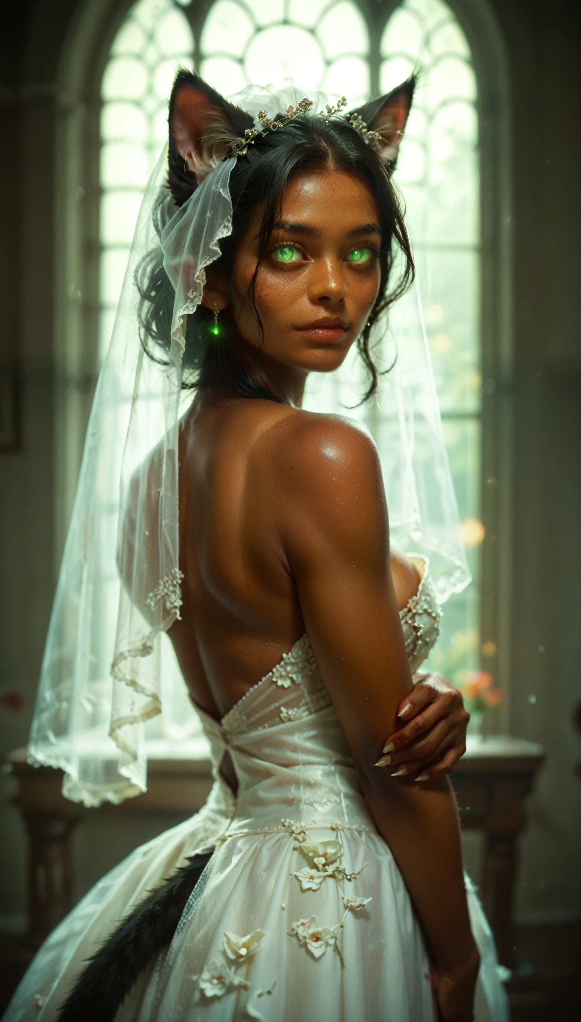 score_9, score_8_up, score_7_up, 1girl, solo, flowing black hair, glowing green eyes, ears, tail, tanned skin, demoness, (catgirl:1.2), (cat ears, cat tail, cat fur), monochromatic, eerie atmosphere, (wedding dress), seductive, stark white background