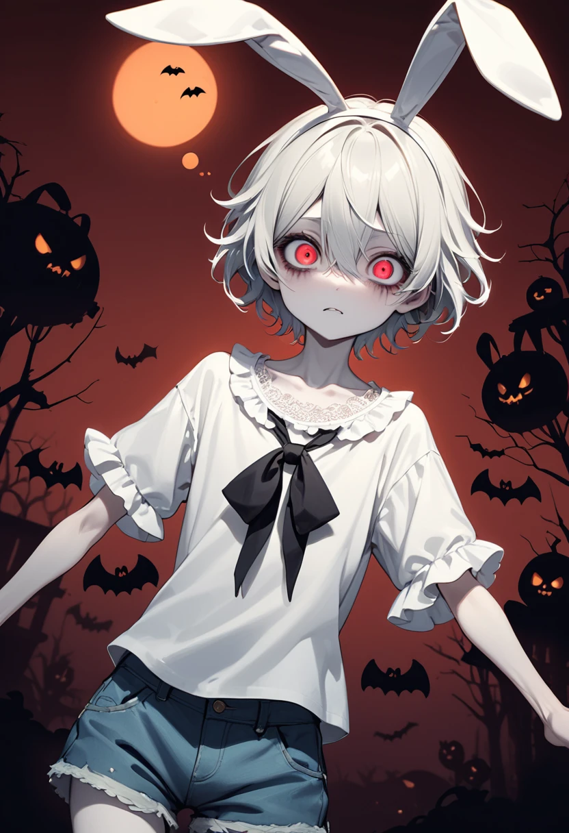 masterpiece, Highest quality, High resolution, One boy, Cream colored hair, Gray Hair, Pearly hair, Nice boy, Bunny ears, Loose-fitting clothing, Larger clothes, dark red eye, eyeの下のたるみ, dark circles under eye, やみcute, Fluffy hair, Voluminous Hair, skinny, slim, very skinny, Androgynous, cute, Spooky, short hair, Horror, Faded colors, White skin, Spooky, Unnaturally thin, Hungry, eye, eye in background, sharp eye, Long eyelashes, Under the lashes, Loose shorts, lace shirt, Frilled shirt, tie a ribbon around one's neck, Detailed clothing, A loose cardigan, Open cardigan, Dripping Blood, That's horrible, nightmare, Haunted, stitch, patchwork, String, Injury, hell, Injury on arms, self-harm, cut, Black Fingers, factory, Abandoned, Scattered