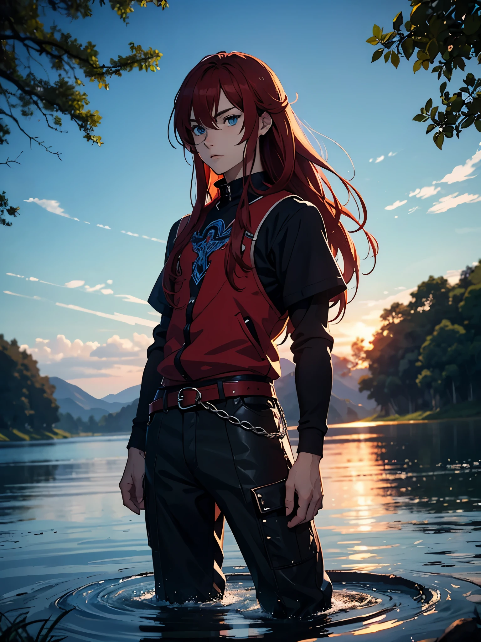 Runen magier. More anime style. blue flames. 2d. flatter. anime style. Viking clothing. soft. More anime. Standing in a lake. More anime. More 2d. Clean. More anime. 2d. Glow. Red hair. More anime. male. Long hair. long red hair. boy, vikings. red hair. Blue eyes. fire.