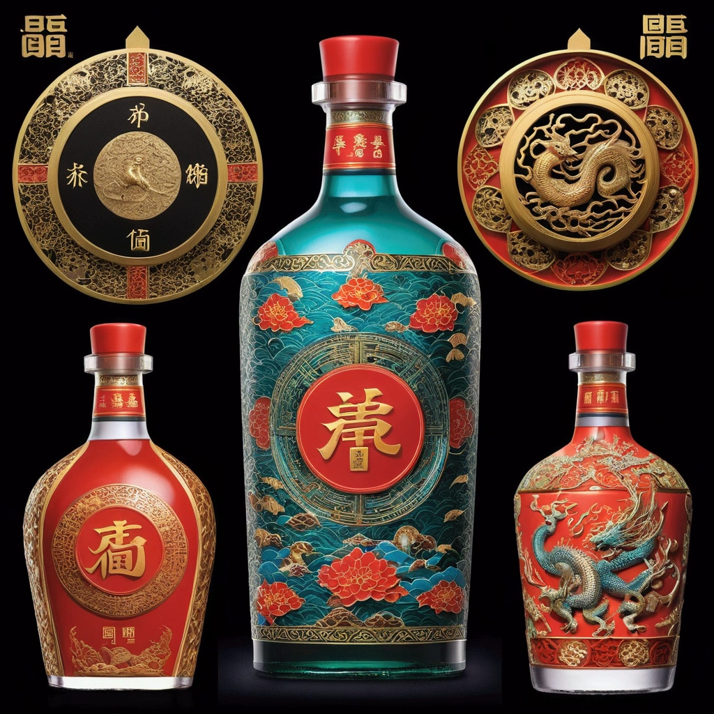 Noisy album cover,The main body is a bottle with Chinese mythology as the theme、Complex pattern liquor