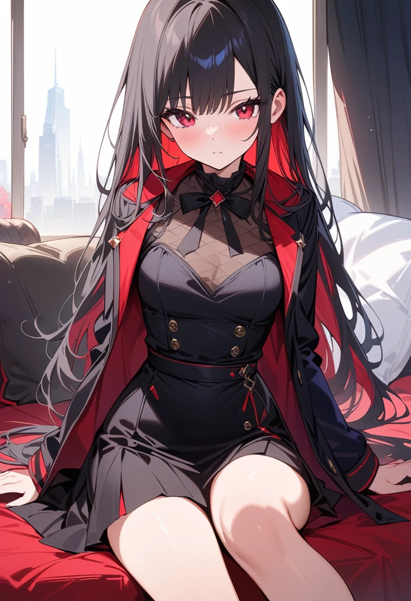 girl, red eyes, wavy black hair. wear green black uniform, arrogant, independent woman, kind smile. background in luxury mansion. she is noble