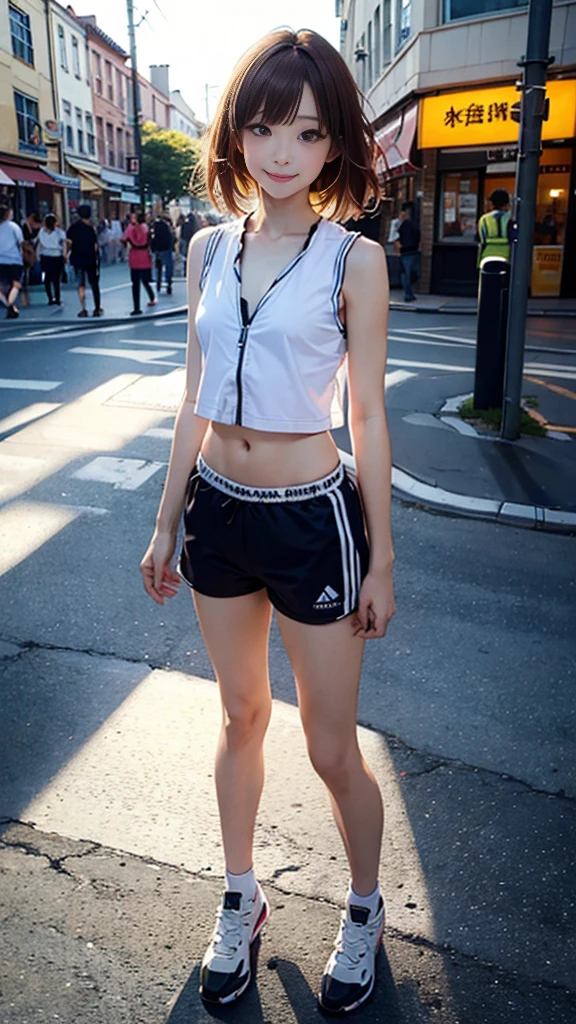 ((Center of chest, Tomboy, Small Head)), dawn, sunlight, (Defined Abs: 1.1), (Perfect body: 1.1), (Short Wavy Hair: 1.2), Auburn Hair, Full body photo, Crowded street, Wearing a white vest, ((Shorts)), (Very detailed CG 8k wallpaper), (Very delicate and beautiful), (masterpiece), (highest quality: 1.0), (ultra-High resolution: 1.0), Beautiful lighting, Perfect Lightning, Realistic Shadows, [High resolution], Delicate skin, Very detailed, Cute Smile