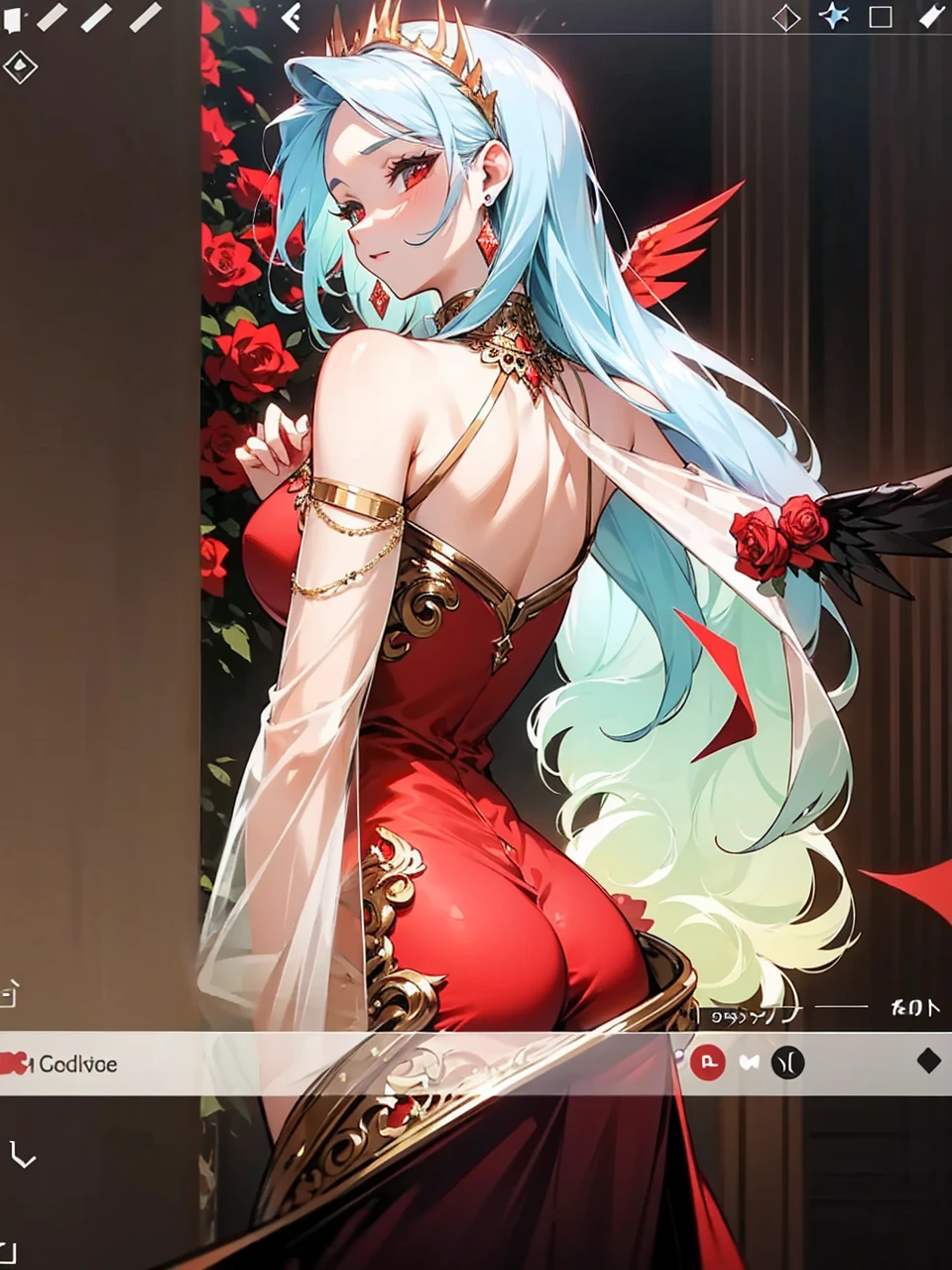 Add in roses to her dress, a good back dress design with some golden jewelry, make her dress into a red and white gown with a hat, give her some unique Jewelry, and make her look somewhat of a demonic angel like appearance to her