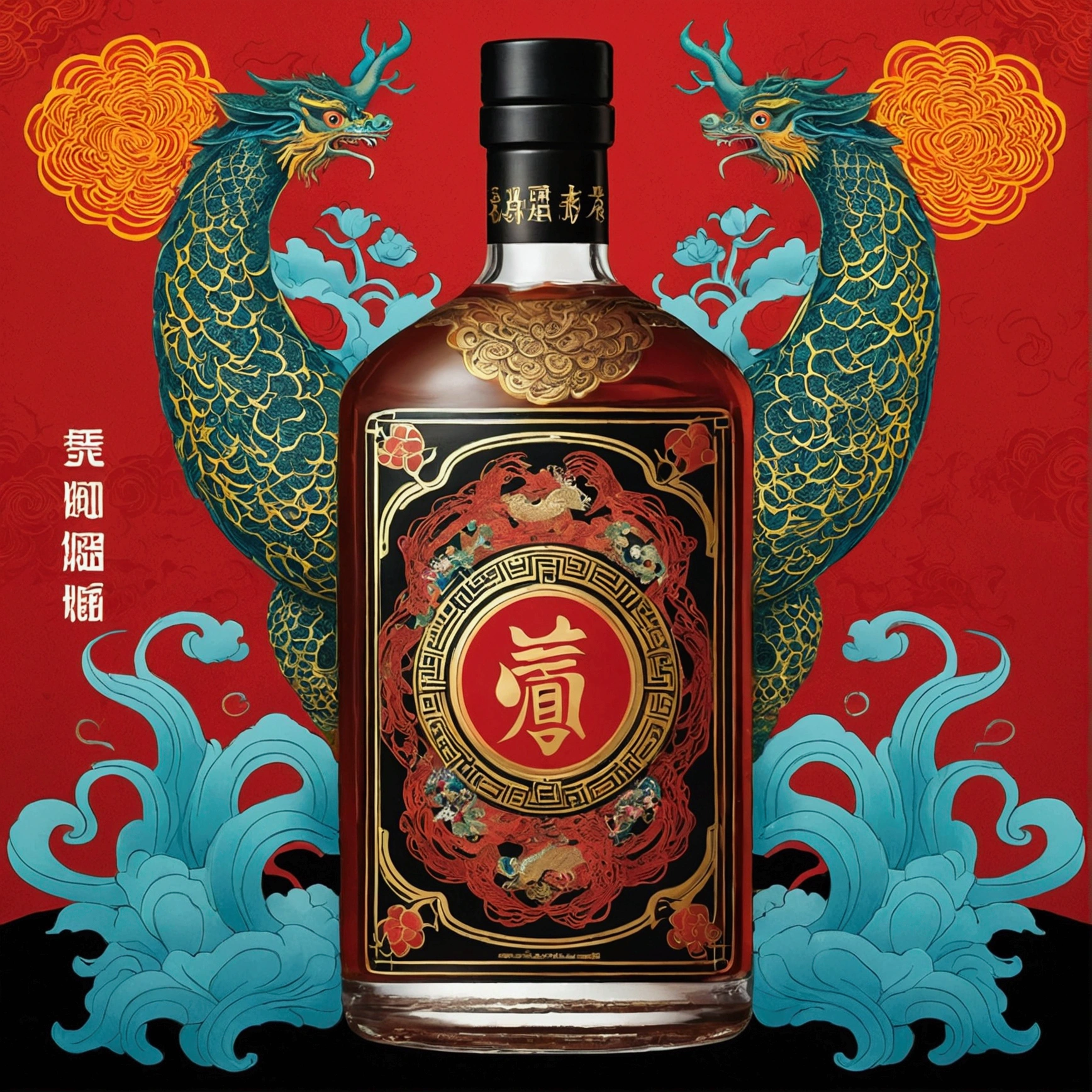 Noisy album cover,The main body is a bottle with Chinese mythology as the theme、Complex pattern liquor