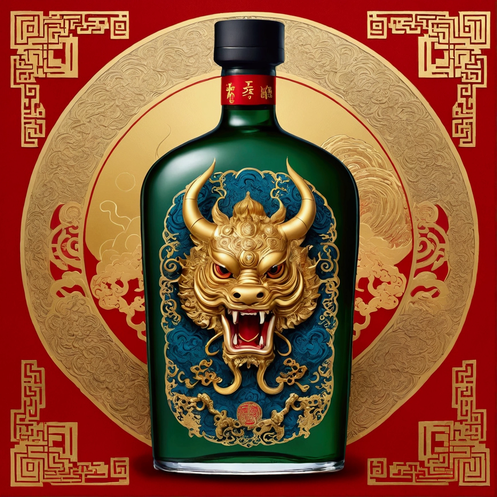 Noisy album cover，The main body is a bottle with Chinese mythology as the theme、Complex pattern liquor