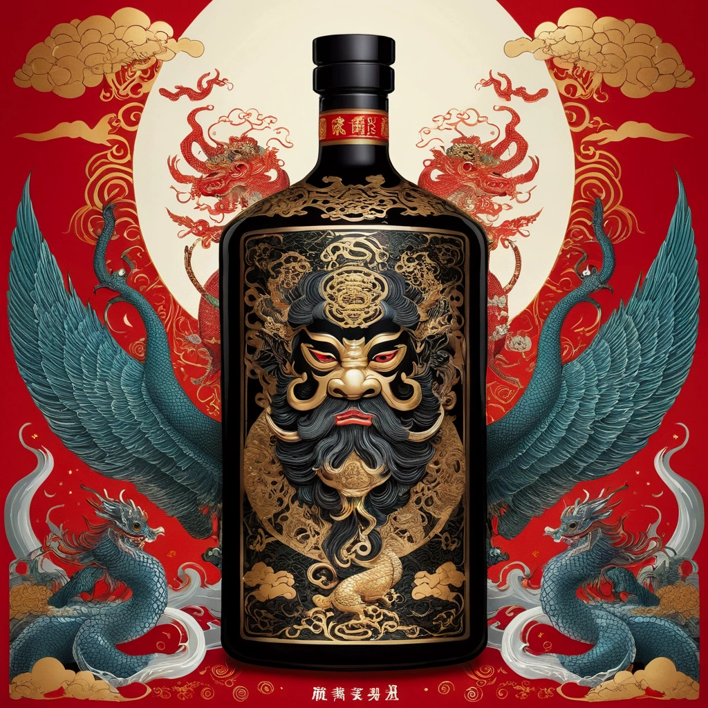 Noisy album cover,The main body is a bottle with Chinese mythology as the theme、Complex pattern liquor