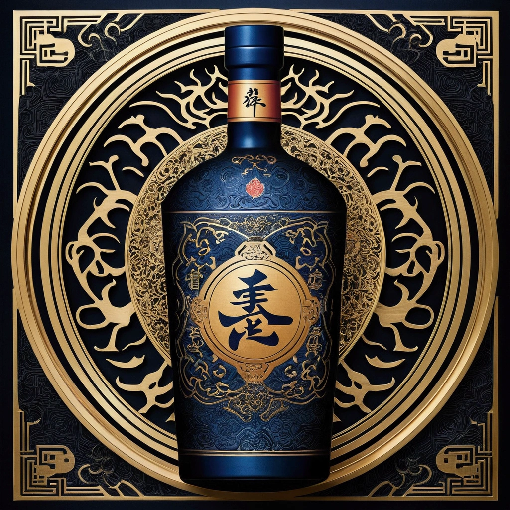Noisy album cover,The main body is a bottle with Chinese mythology as the theme、Complex pattern liquor