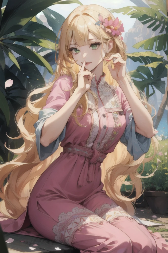 (absurdres, highres, ultra detailed), 1girl, mature female, wavy blonde hair, long hair, blunt bangs, green eyes, pink dress, finely detailed eyes and detailed face, extremely detailed CG unity 8k wallpaper, intricate details, BREAK , kaleidoscopic imagery, symmetrical patterns, vibrant colors, geometric shapes, mesmerizing designs, optical illusions, dynamic composition BREAK , pantomime art, expressive body language, silent storytelling, evocative gestures, visual narratives, theatrical performances BREAK , blooming flowers, colorful petals, fragrant scents, nature's bounty, vibrant gardens, peaceful scenery