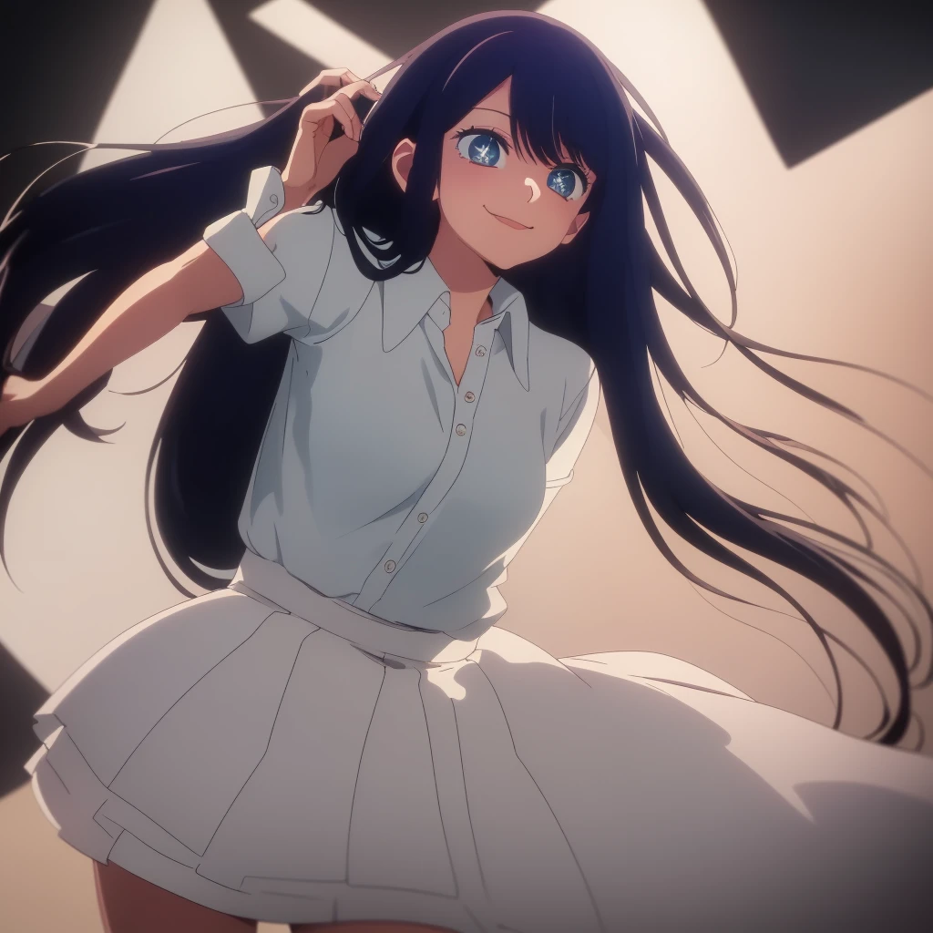 ((masterpiece, best quality)), (1girl), (solo), (female focus), (black hair, long hair), (green eyes with heart-shaped pupils), light smile, closed mouth, ((white shirt), (buttoned shirt), ((dark blue skirt), (short skirt)), standing, white background, dynamic angle, 25 year old woman