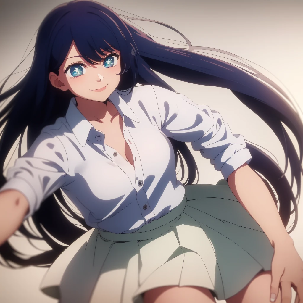 ((masterpiece, best quality)), (1girl), (solo), (female focus), (black hair, long hair), (green eyes with heart-shaped pupils), light smile, closed mouth, ((white shirt), (buttoned shirt), ((dark blue skirt), (short skirt)), standing, white background, dynamic angle, 25 year old woman