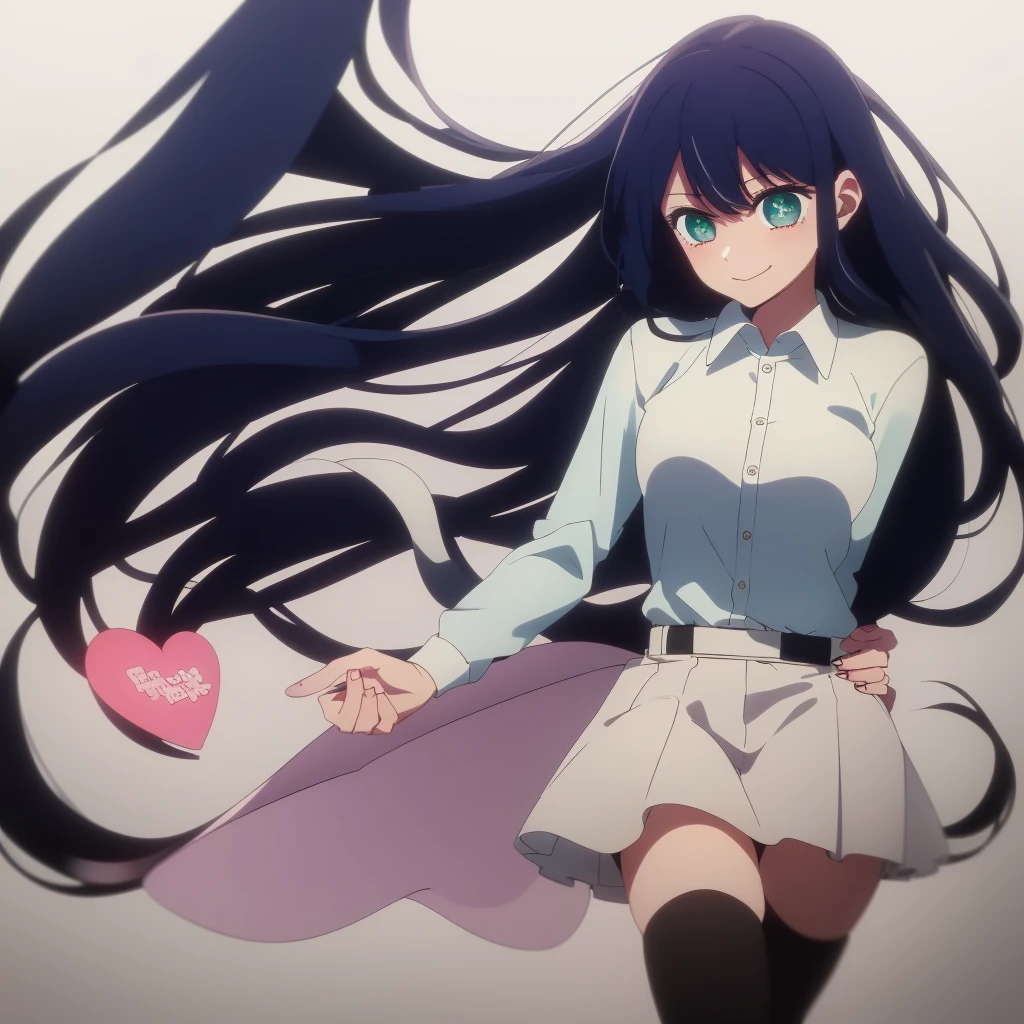 ((masterpiece, best quality)), (1girl), (solo), (female focus), (black hair, long hair), (green eyes with heart-shaped pupils), light smile, closed mouth, ((white shirt), (buttoned shirt), ((dark blue skirt), (short skirt)), standing, white background, dynamic angle, 25 year old woman