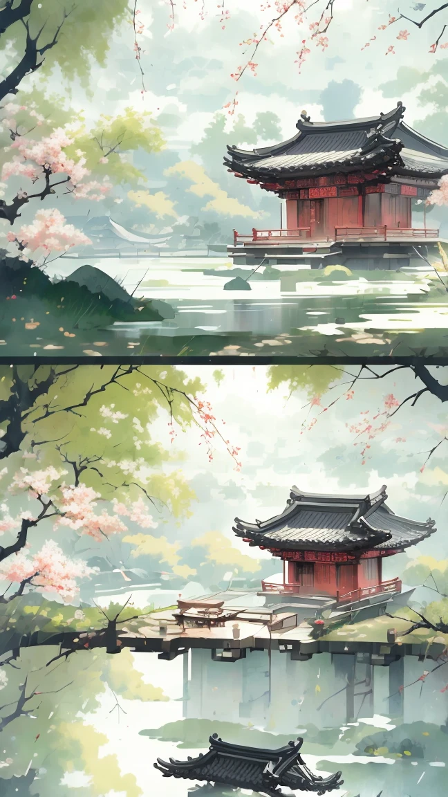 2D game scene，ink，Anime Landscape, Ancient city landscape, Tai Chi diagram，Yin Yang Fish, Chinese scenery, Game concept art