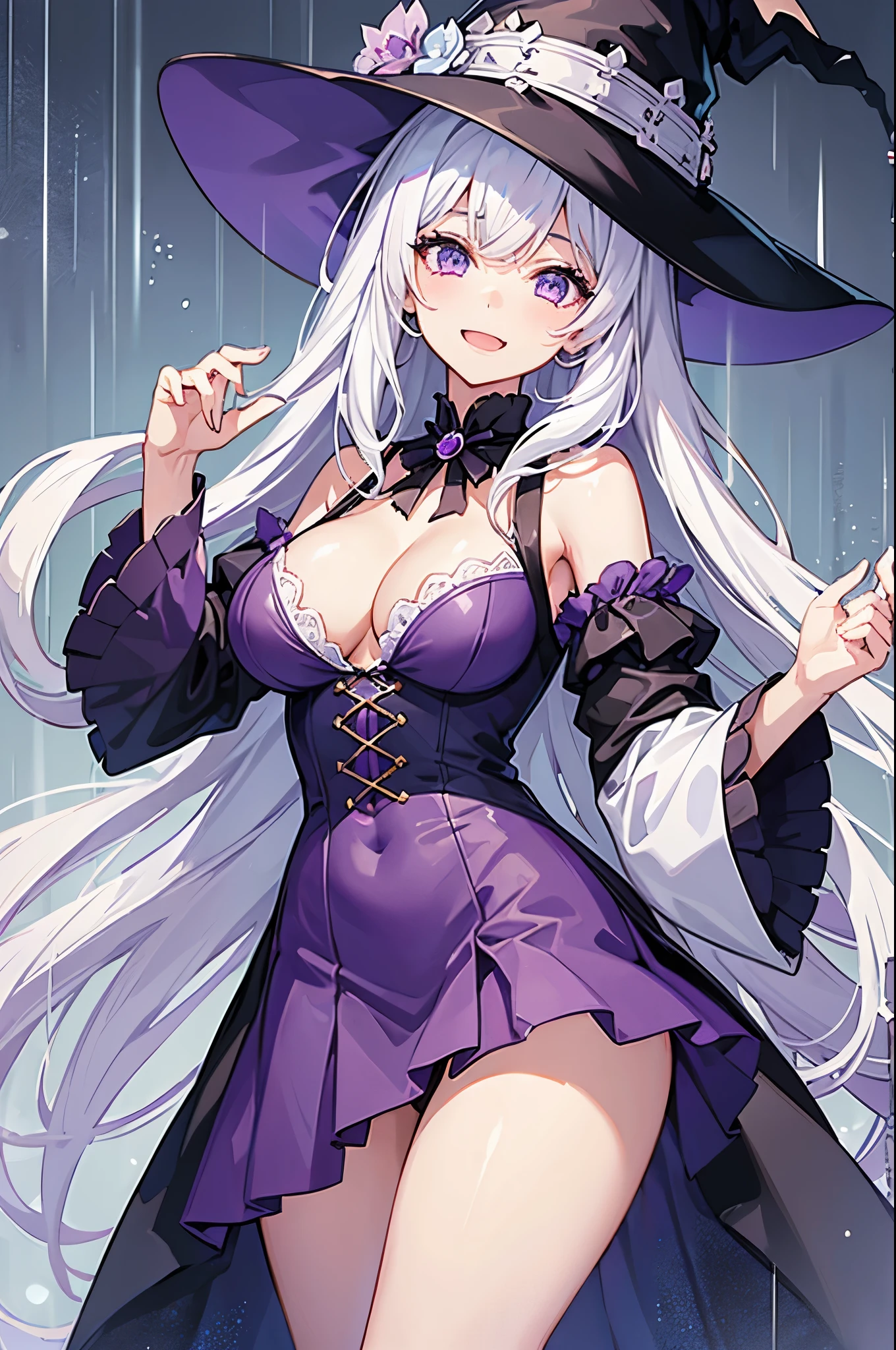 1girl, witch, lilac witch outfit, white hair, big breasts, cozy, happy, raining backround
