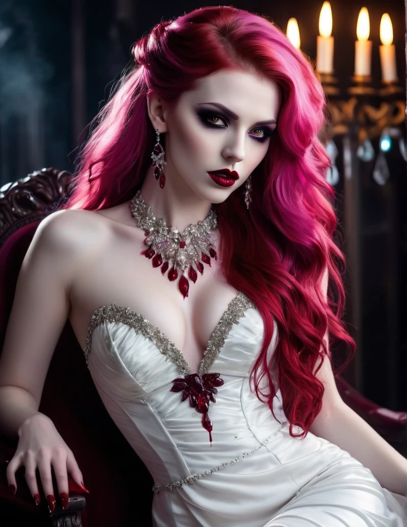 Very attractive 25 year old female with long wavy bright pink hair, dark fantasy art, goth art, full body shot, a beautiful female vampire wearing a (blood stained white evening dress: 1.5), an extremely beautiful female vampire, ultra detailed face, long hair, wavy hair, dark glamour make up, pale skin, red lips, glowing red eyes, visible vampiric fangs, she wears a ((white evening dress: 1.5)), elegant, intricate detailed dress, silk dress, small cleavage, ((dress is decorated with crystals: 1.4)), she wears elegant knee high heeled boots, exquisite knee high heeled boots, there are stains of blood on the upper part of the dress, dynamic background, photo quality