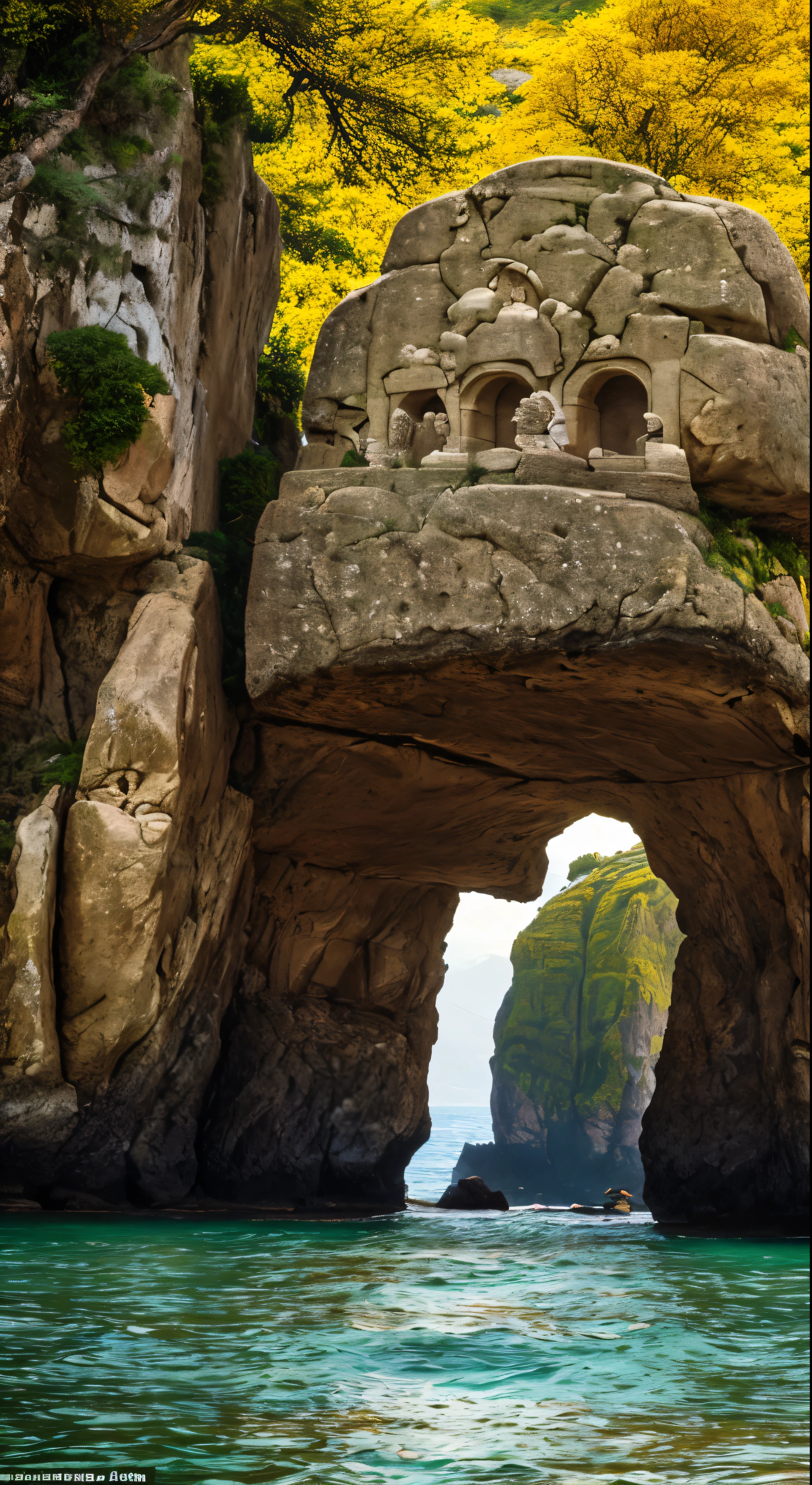 (masterpiece, best quality:1.2), super detail, cinematic lighting, HDR, illustration, Giant stone heads as habitat amid the sea, colorful,  monks in procession, mystery, highly detailed, high contrast, golden ratio composition, epic view, masterpiece,