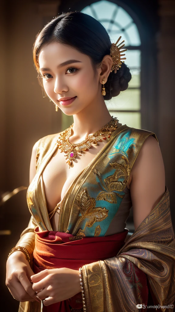 Ancient Chinese beauty with beautiful clothing embroidered with intricate embroidery., A rainbow of bright colors was wrapped around her arm., Flower hairpin, The armband is tied with a streamer., bangle, Anklet