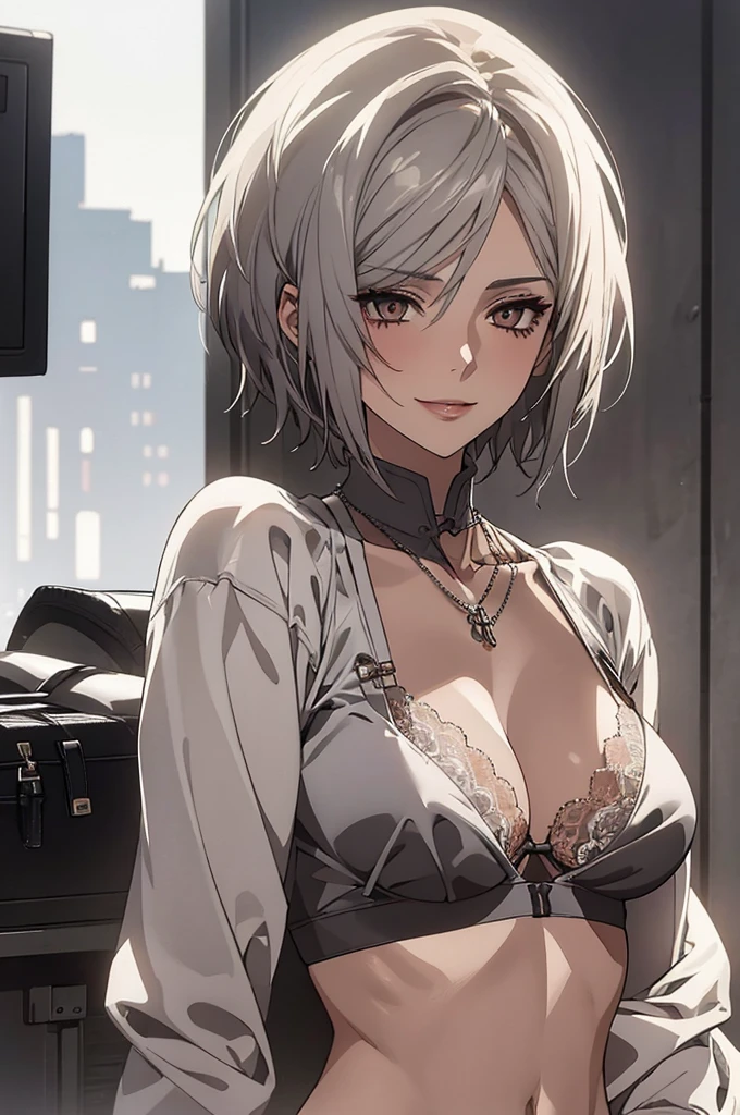 (Highest quality, High resolution, Very detailed), (Two Girls:1.3), Silver Hair, Super short hair, Reddish brown eyes, lace thong bra, NUDE, Large Breasts, Perfect Makeup, necklace, 24th generation, Beautiful woman, mature, quiet, Calm, A small smile, office,