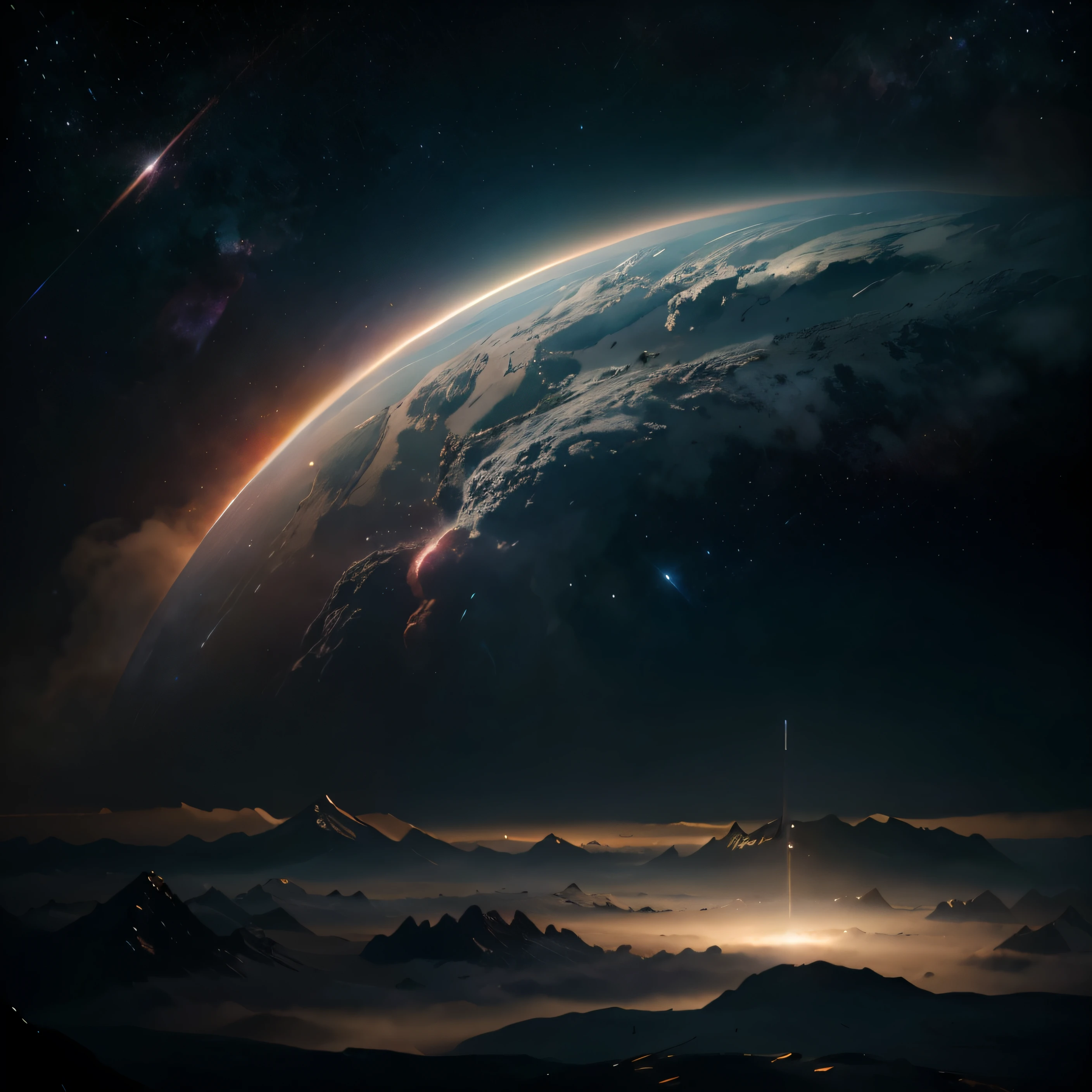 a dramatic colorful space scene, a vast galaxy with swirling nebulae, intense cosmic clouds of gas and dust, glowing stars, distant planets and moons, (best quality,4k,8k,highres,masterpiece:1.2),ultra-detailed,(realistic,photorealistic,photo-realistic:1.37),dramatic lighting,cinematic composition,vibrant colors,deep space,awe-inspiring,epic scale,mystical,ethereal