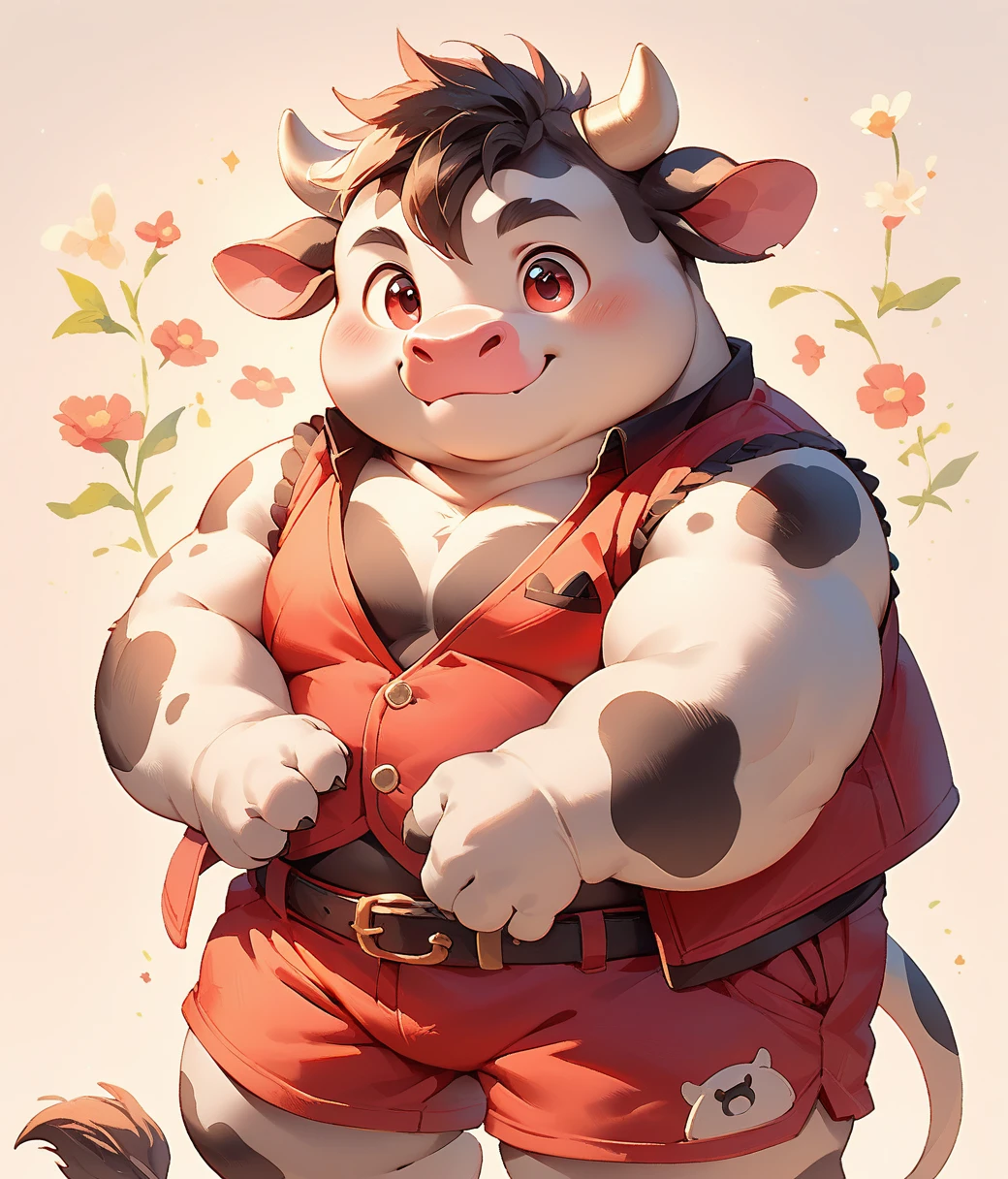 cutepets, an cute, Obese, male, anthro, bull cub, luminiscent red eyes, (((red vest, red shorts))), high quality, digital art illustration
