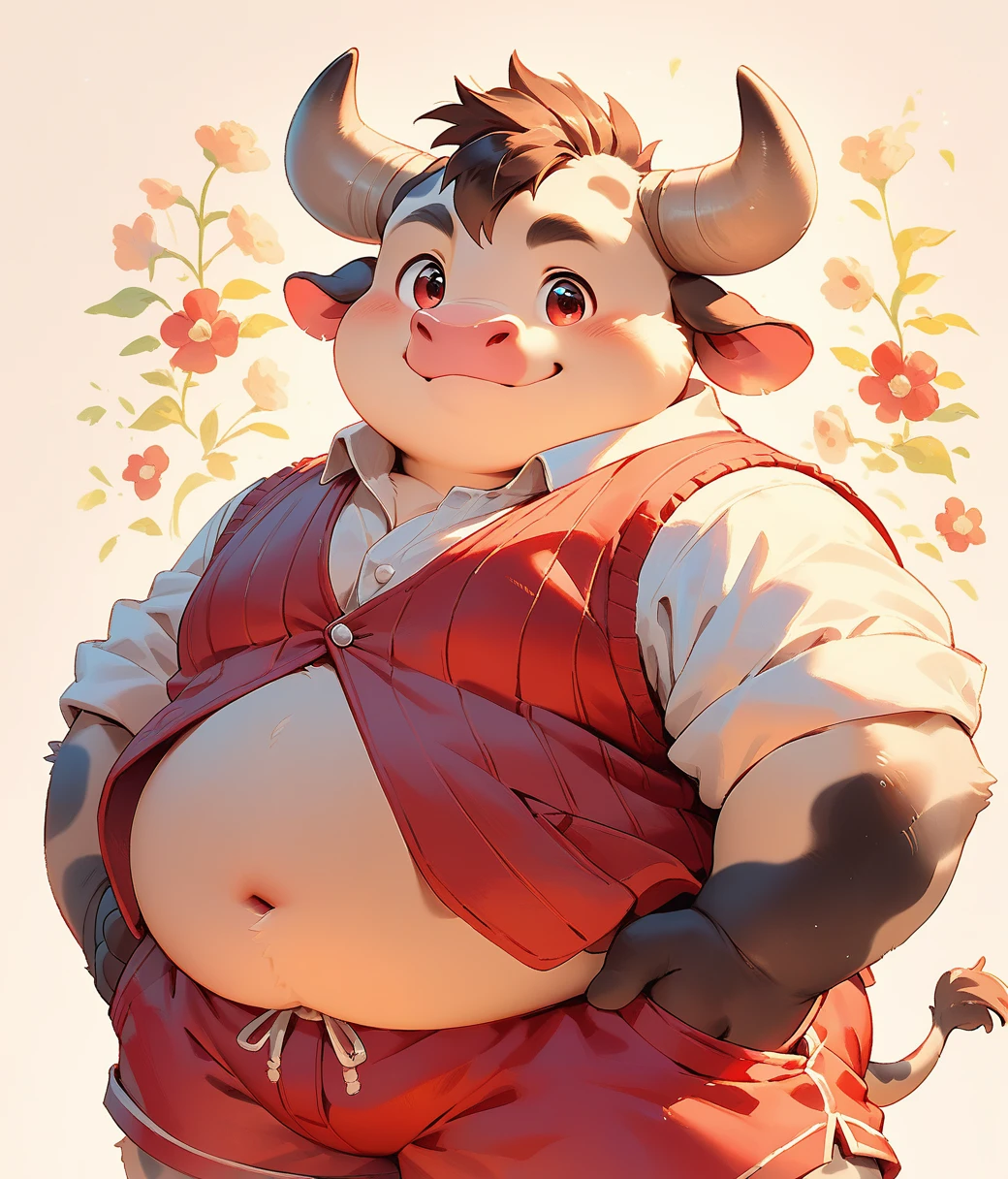 cutepets, an cute, Obese, male, anthro, bull cub, luminiscent red eyes, (((red vest, red shorts))), high quality, digital art illustration
