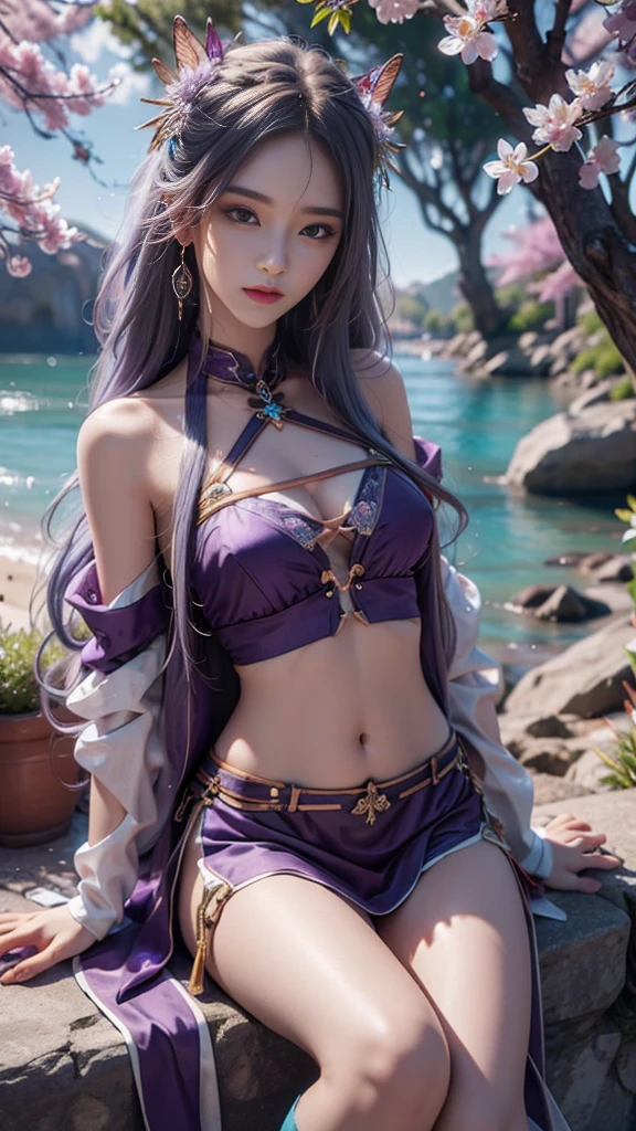 8K, Ultra HD, masterpiece, HD color, 1 girl, Perfect face, Very long curly hair, Delicate eyes, Simple clothes, ((Purple clothes)), Socks, Krizzada Lace, sardine, Shoulder Straps, Netsuit, cycle, Navel only, jewelry, Waterside, Realistic scenery, Epic Landscapes, Sun rise, night, cloud, Butterfly, Cherry blossoms, Blowing, Perfect posture,