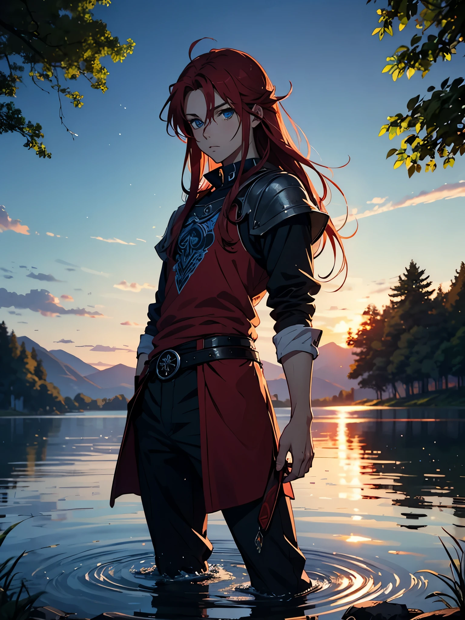 Runen magier. More anime style. blue flames. 2d. flatter. anime style. Viking clothing. soft. More anime. Standing in a lake. More anime. More 2d. Clean. More anime. 2d. Glow. Red hair. More anime. male. Long hair. long red hair. boy, vikings. red hair. Blue eyes. fire.
