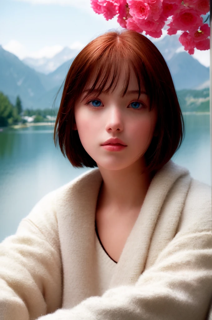 Ada_re4, (sitting),(beautiful face:1.5), 1girl,black hair, short hair, red sweater, belt, black thigh boots,  ((full body)),(realistic:1.7),((best quality)),absurdres,(ultra high res),(photorealistic:1.6),photorealistic,octane render,(hyperrealistic:1.2), (photorealistic face:1.2), (8k), (4k), (Masterpiece),(realistic skin texture), (illustration, cinematic lighting,wallpaper),( beautiful eyes:1.2),((((perfect face)))),(cute),((looking at viewer)), outdoors, houses, flowers paths, mountains, lake, dock,