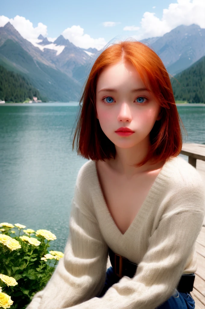 Ada_re4, (sitting),(beautiful face:1.5), 1girl,black hair, short hair, red sweater, belt, black thigh boots, ((full body)),(realistic:1.7),((best quality)),absurdres,(ultra high res),(photorealistic:1.6),photorealistic,octane render,(hyperrealistic:1.2), (photorealistic face:1.2), (8k), (4k), (Masterpiece),(realistic skin texture), (illustration, cinematic lighting,wallpaper),( beautiful eyes:1.2),((((perfect face)))),(cute),((looking at viewer)), outdoors, houses, flowers paths, mountains, lake, dock,
