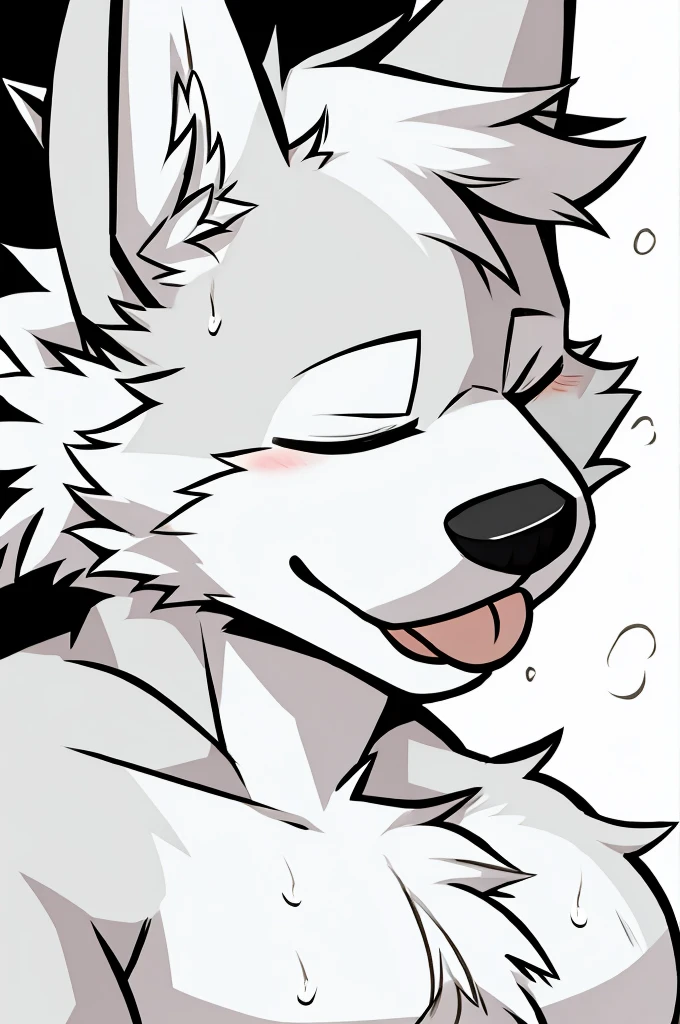 Wolf with black and white skin and he is shirtless and sweaty and flushed with his eyes closed and his tongue out 