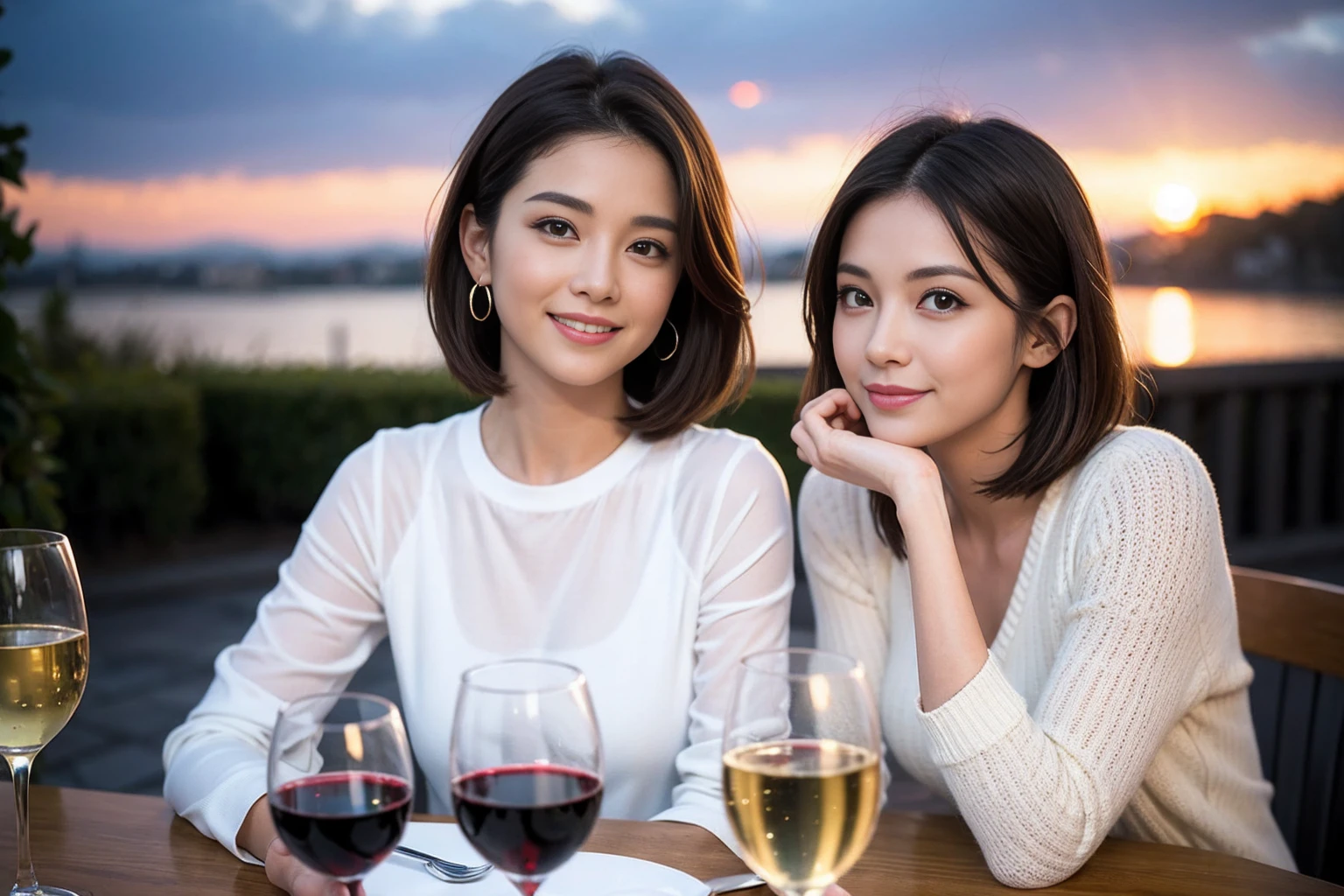 （Realistic:1.2）,(masterpiece,Highest quality)，8k,((men and women)),Age 35,37 years old、最高のsmile、Happy Couple, Full course dinner at the table、Wine Party、wine glass、White wine、sparkling wine、red wine、Upper Body、Tight waist,Perfect Anatomy, Brown Hair, short hair,Random Hairstyles,Amazing view of the sunset sky and clouds、Long sleeve shirt、dress,((Highly detailed face and eyes:1.2))(Cute Face:1.4)，Beautiful actress face，Perfect golden ratio face，woman&#39;suit、Nice,(smile:1.2)、