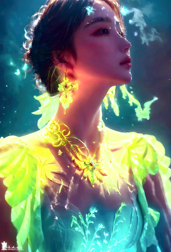 Golden accessories advertising poster, flower made of light, Shiny beautiful earrings and necklace_Center close-up angle, Mysterious background with small particles of natural light emitting light, ultra high resolution, 8k, Very detailed details, Product detailed image, surreal photo, the greatest masterpiece:1.2, Glowing white smoke spreading in the air, aura,