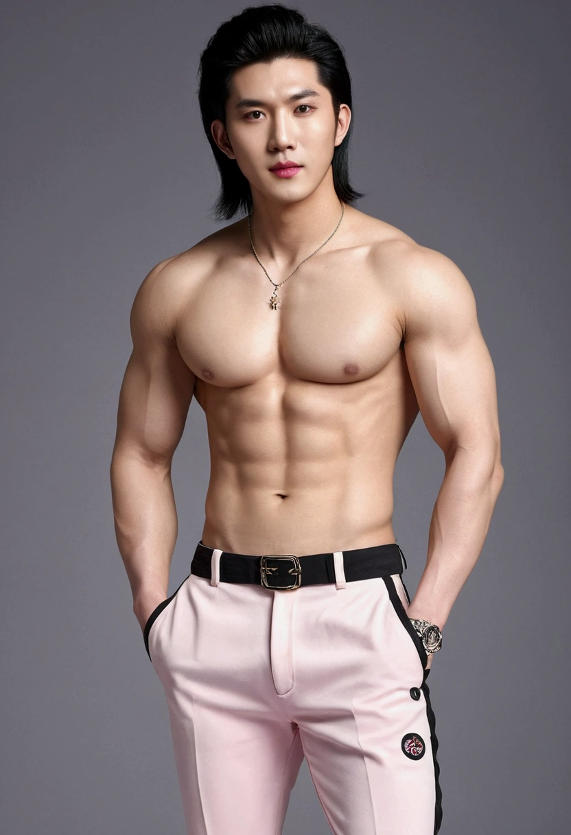 (best quality)), ((masterpiece)), (detailed), a handsome and cute tall white skin tone asian biy with thick black hair, light pink lips showing abs wearing black pant full body pic