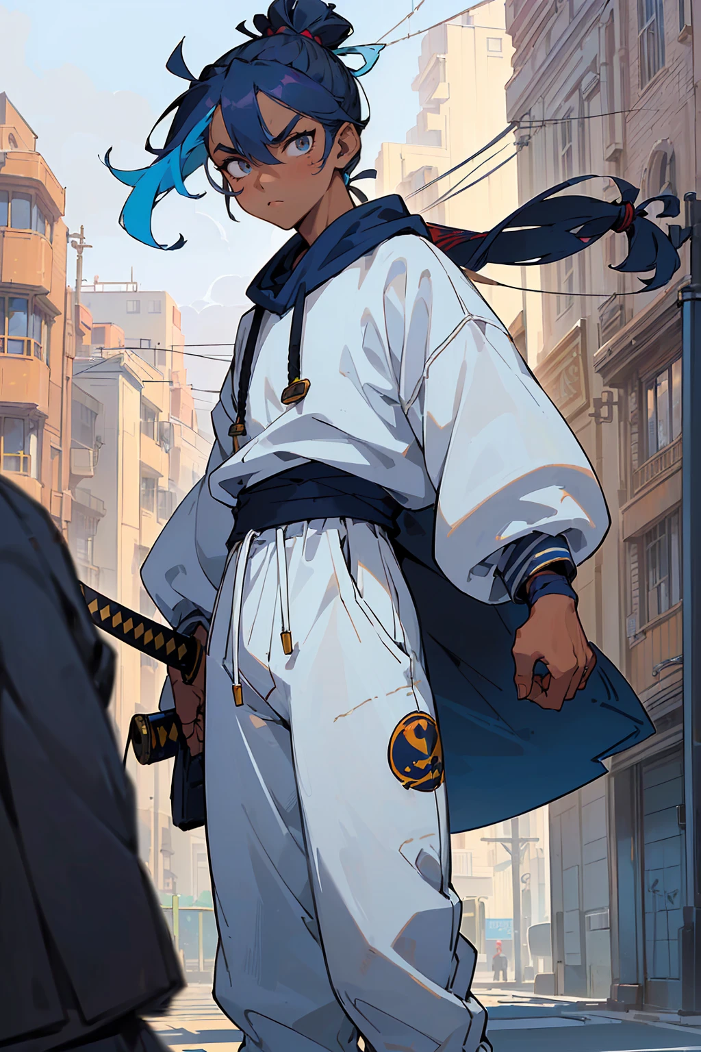 ((masterpiece,best quality,)),((((1boy,male focus,masculine,katana on back)))),((looking at viewer,solo,closed mouth,ager,muscle,muscular)),((((navy blue hair,topknot hair,manbun)))),((colorful golden eyes,perfect eyes,glowing eyes,perfect face,calm demeanor)),(((modern clothing,white sweatshirt,white jogger pants,white jordans,dark skin color,standing still,caramel skin color))), ((city background,buildings,stores,street,afternoon,cloudy sky))