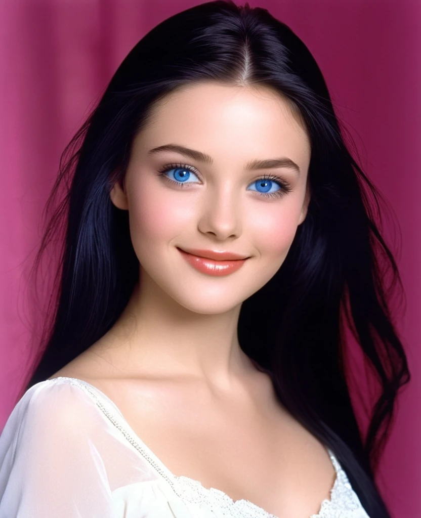 In 1995, a 16-year-old Russian-American girl with raven-black hair and sapphire blue eyes would have a radiant, youthful beauty. Her sleek, dark hair would frame her face, enhancing the striking contrast with her sparkling blue eyes. Her fair, porcelain-like complexion would have a natural, rosy glow, giving her an air of vibrant health and vitality. Her high cheekbones, delicate nose, and full lips would combine to create an enchanting smile, full of warmth and genuine happiness. Dressed in the era's casual fashion—perhaps a trendy top and jeans—she exudes a lively and carefree spirit. Her smile, bright and infectious, would light up her face, making her eyes twinkle with joy and her whole appearance glow with youthful exuberance.