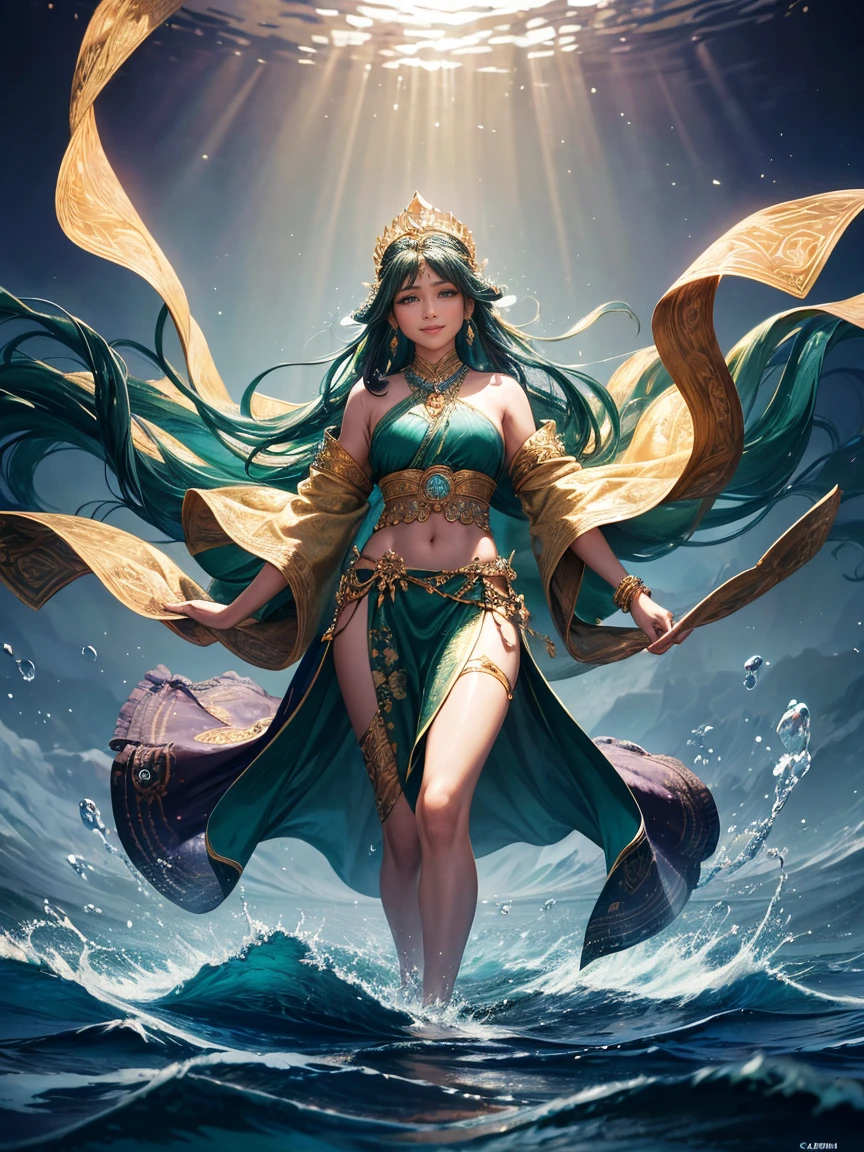 the best work of art, Kanjeng Ratu Kidul, Queen of the South Coast, beautiful woman, long hair blowing in the wind, smiling and somewhat serious face, wearing a small gold crown with a crystal arrangement in the middle, dark green kemben (camisole) luxurious jewelry, dark green shawl and cloth skirt batik sarong, smooth green and white, standing on blue water with waves and with a dramatic effect, surrounded by whirlpools, creating a mystical atmosphere, fractal art, bright and shining in the center with a dark background, water manipulation, intricate details, hyperrealistic, throughout body.UHD,HD,hyperdetail