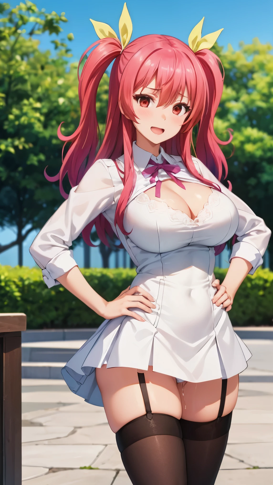 best quality,1girl,((big breasts:1.5)),curvy,orgasm,ahegao,blush,((Stella Vermillion, 1girl, thighhighs, garter straps, ribbon, red eyes, long hair, yellow ribbon, red hair, hair ribbon, solo, hand on hip, two side up, pink hair, black thighhighs, , outdoors, looking at viewer)),mini skirt,lift skirt,upskirt,white panties,lace panties,black thighhighs,pussy juice