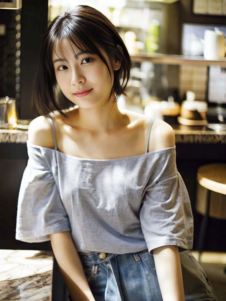 (best quality), masterpiece, photorealistic, portrait photo of a japanese woman, 20 years old, realistic skin, eye catch, medium breasts, off-shoulder t-shirt, at cafe
