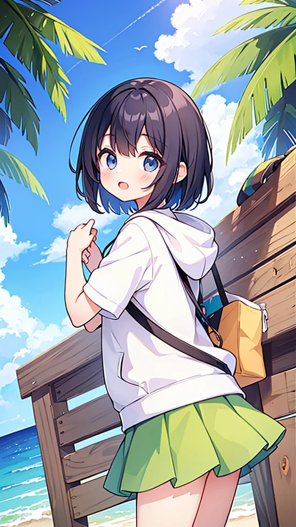 ((Highest quality)), ((masterpiece)), (detailed), , A short-haired girl wearing a short-sleeved hoodie、A summery half skirt、Summertime、whole body、Fullsize、Side Angle、cute、