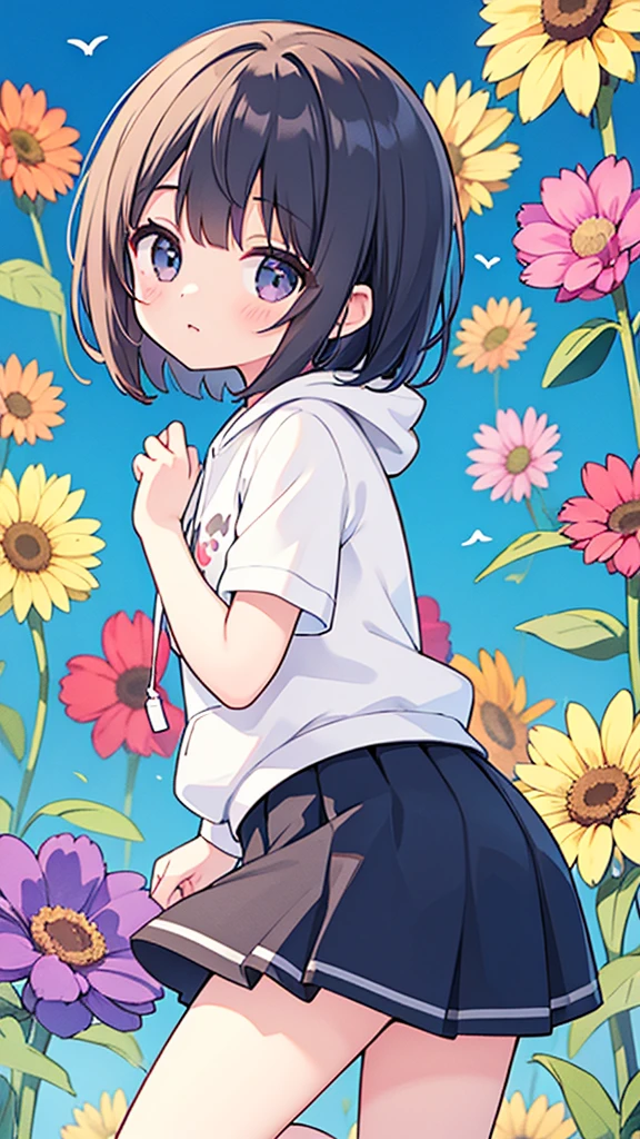 ((Highest quality)), ((masterpiece)), (detailed), , A short-haired girl wearing a short-sleeved hoodie、A summery half skirt、Summertime、whole body、Fullsize、Side Angle、cute、